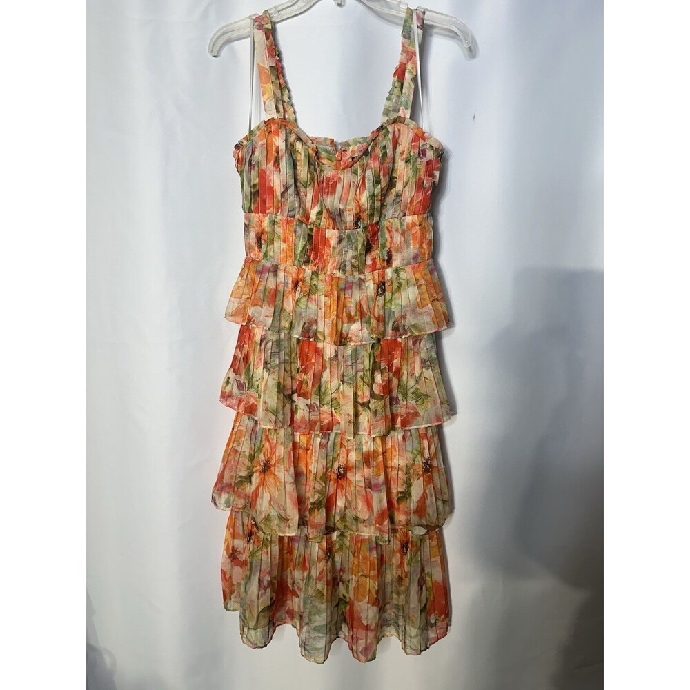 MARCHESA NOTTE Orange Floral Ruffle Midi Sweetheart Neckline Dress size 4